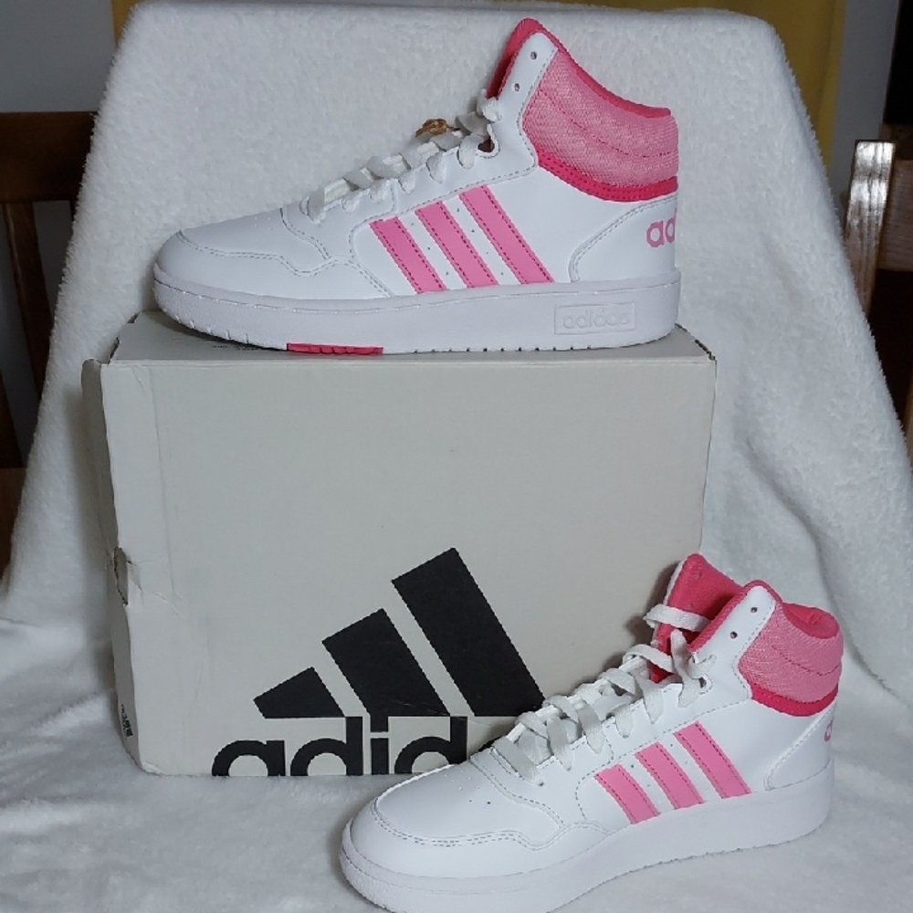 adidas Kids White and Pink High-Top Sneakers